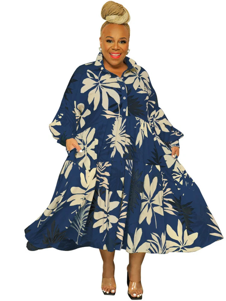 Maxy Plus Size Women Clothing Dresses Xl-5xl Flower Printed Long Sleeve Shirts Elegant Dress.