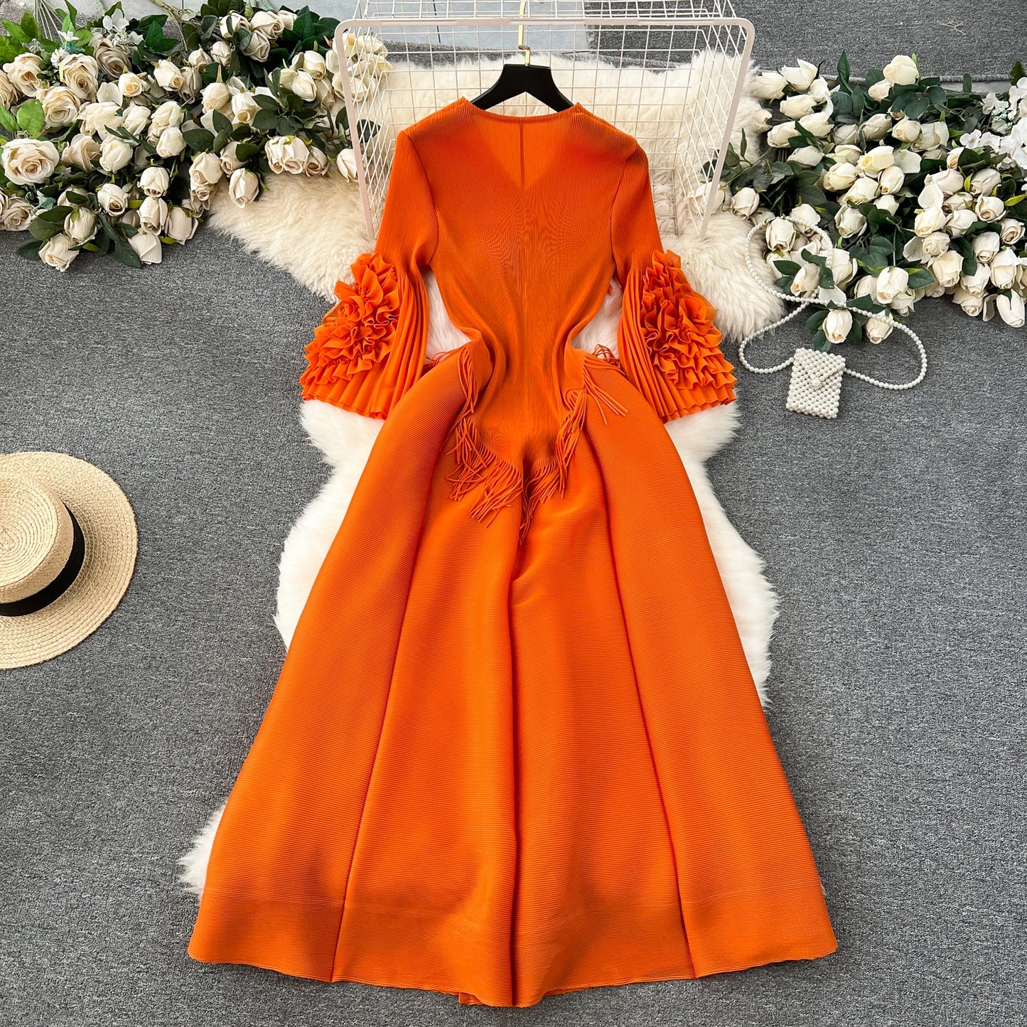 Vintage Elegant V-neck Flare Sleeve tassels pleated Dress A-line Fashion Beach Spring Summer Vestidos Women  Dresses