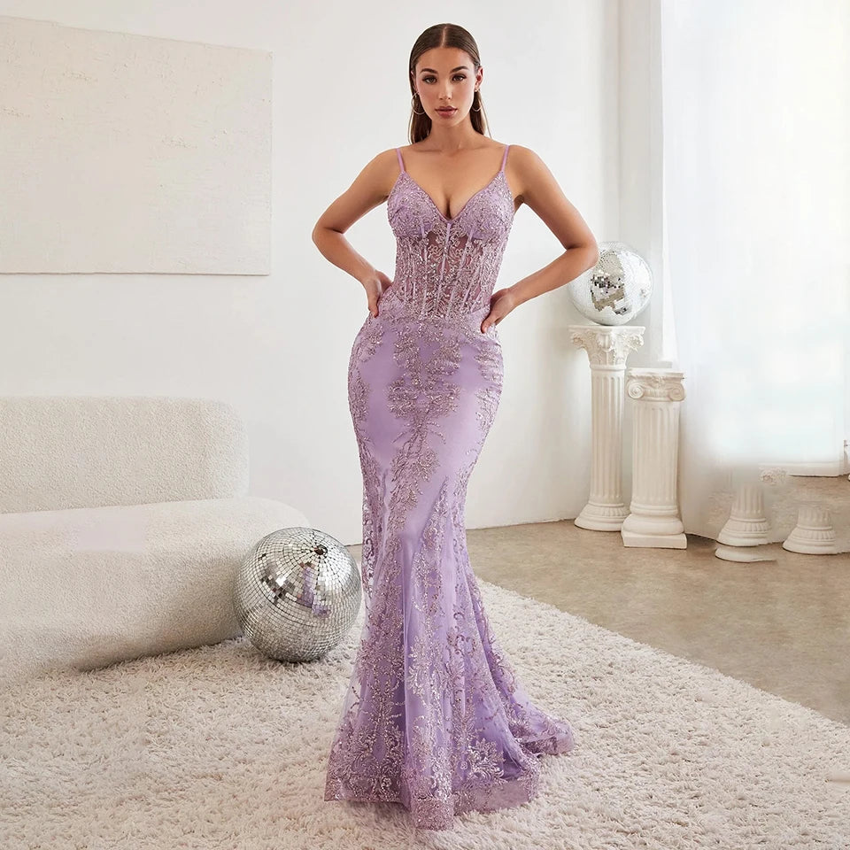 Sexy Lace Embroidery Glitter Sequined Mermaid Prom Dress 2023 Luxury Spaghetti Straps Formal Party Long Evening Gowns For Women