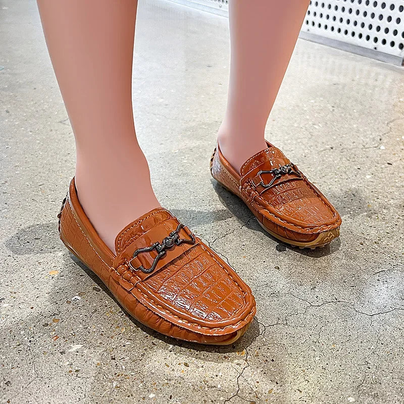 Visco Boys Leather Shoes Round-toe Flat Soft Kids Fashion Casual Loafers Glossy Metal Buckle Children Moccasins Non-slip Britain Style