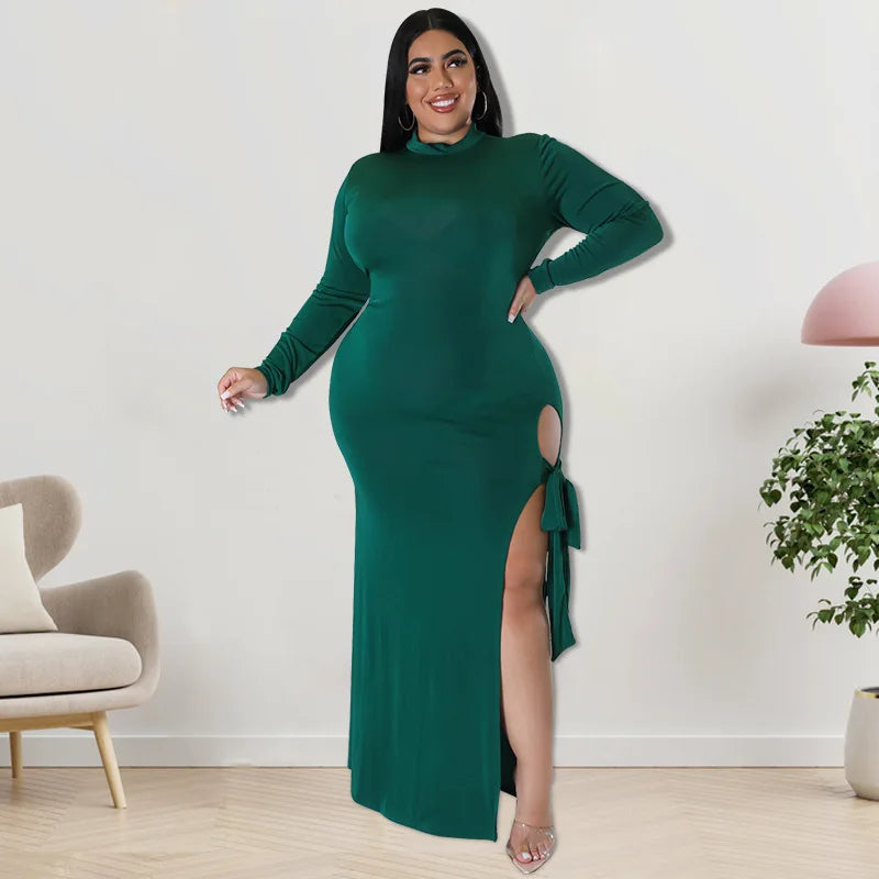 Maxy Plus Size Fall Clothing Women Long Sleeve Fashion High Slit Split Sexy Hollow Out Long Maxy Dress