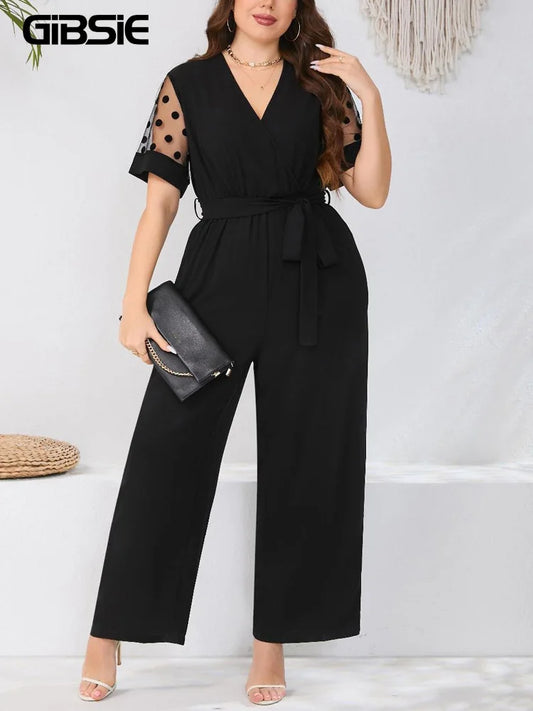 Macy Plus Size Dot Mesh Short Sleeve Belted Jumpsuit Women Summer V-neck Black Elegant Office Ladies High Waist Jumpsuits