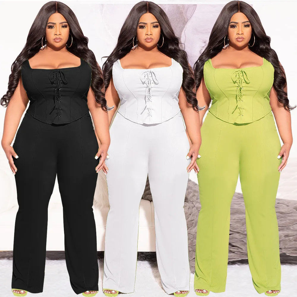 Maxy Plus Size Women Clothing 2 Piece Outfits Summer Bandage Top Flared Pants Fashion Matching Sets