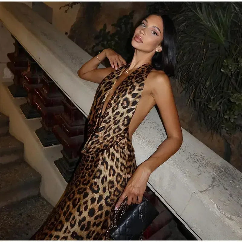 Maxy Sexy Babs Backless Leopard Printed Halter Long Dress Elegant Swing Collar Sleeveless Dresses Chic Lady Party Gowns Club Robes