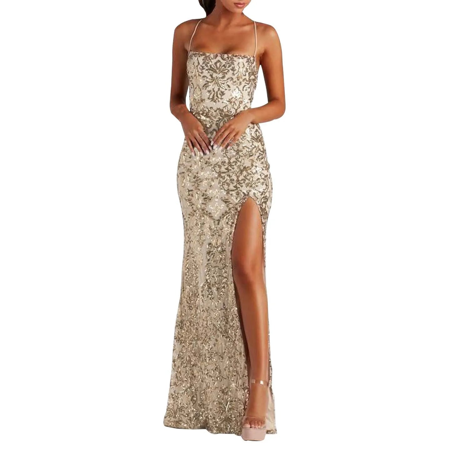 Macy Glitter Light Blue Evening Dresses Sequined Spaghetti Straps V Neck Mermaid Prom Gown Open Back Cross Straps Split Party Dress