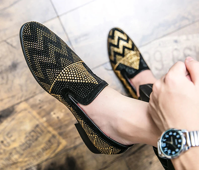 Maxy Fashion Italian handmade rhinestone leather shoes men's casual foot set slip-on leather hair stylist bean shoes fashion
