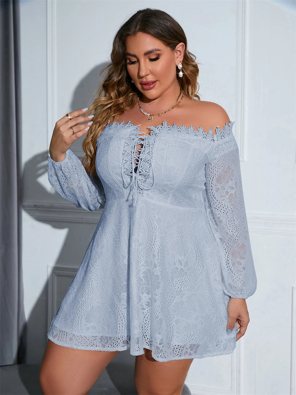 Macy Plus Size Dresses for Women Sexy Off Shoulder Lace Up A Line Mini Lace Dress Chic Elegant Woman Dress Long Sleeves 1102