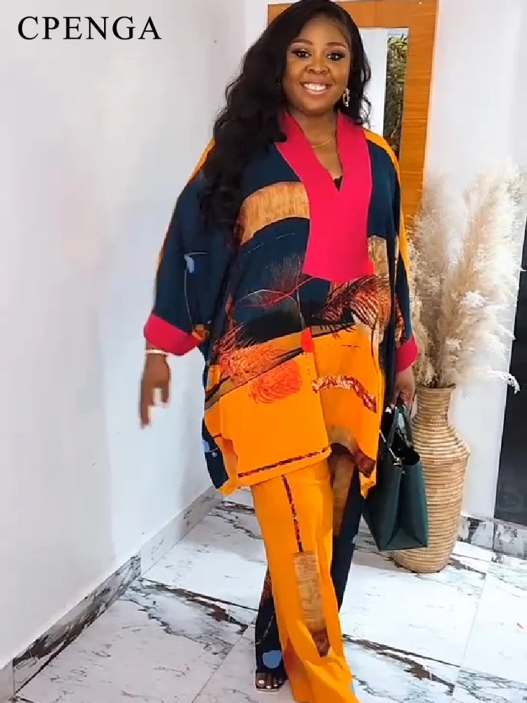 Maxy Plus Size Matching African Clothes Sets for Women Elegant Lady Party Wear 2 Pieces Top and Pants Suits Dashiki Casual Outifts