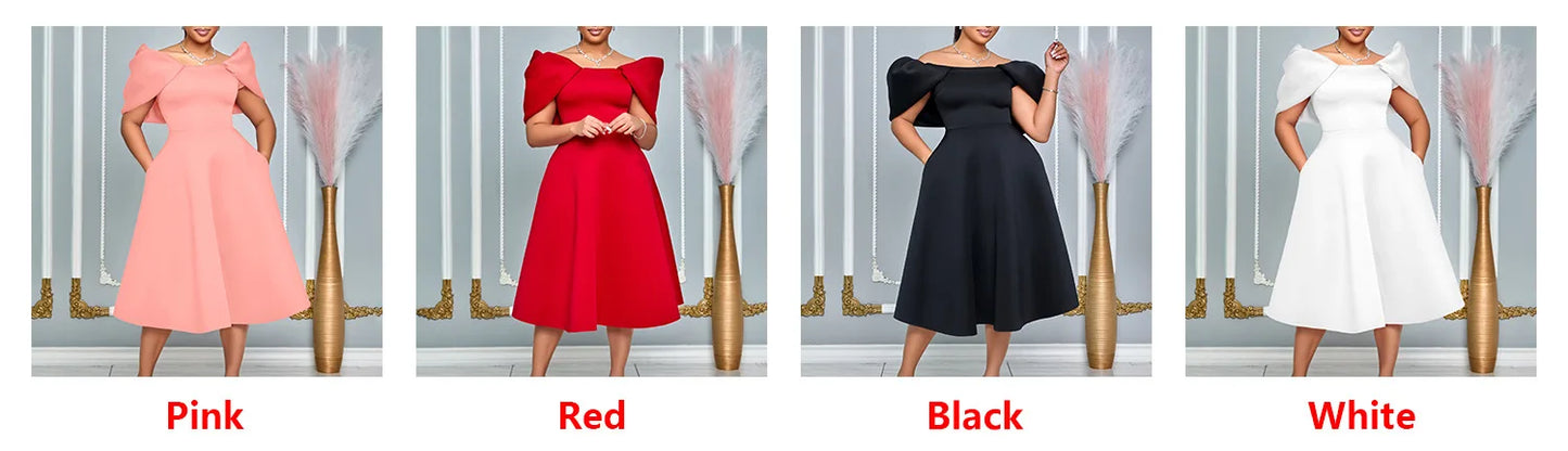 Maxy Women Dress Summer Fashion Solid Color Sexy Short Sleeve O Neck Gown Formal Knee Length Ladies Evening Banquet Dresses