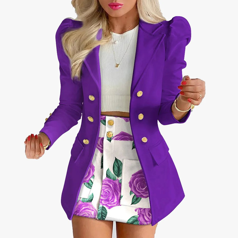 Spring Autumn New Printed Suit Set Short Skirt Women's Temperament Slim Tops Coat + Half Mini Skirt Female Office Suit Sets Kirt