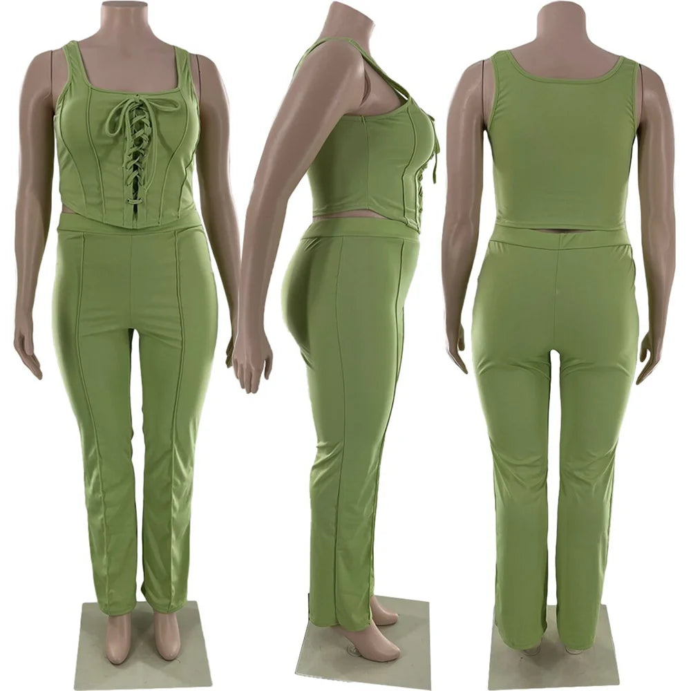 Maxy Plus Size Women Clothing 2 Piece Outfits Summer Bandage Top Flared Pants Fashion Matching Sets