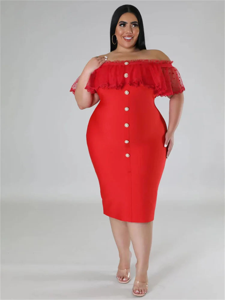 Maxy Plus Size Party Dress Women Clothing Solid Mesh Patchwork Off Shoulder Dress Fashion Outfits
