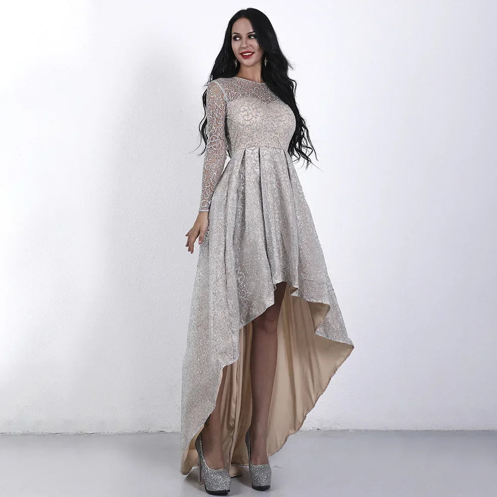 Macy Gorgeous Elegant Perspective Long Sleeve Crewneck Lace Sequins Party Dinner Wedding Lady Small Tail Dress