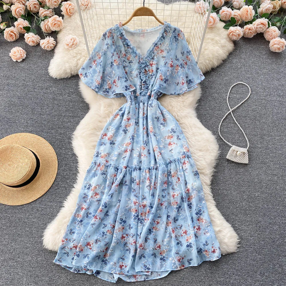 Maxy Ruffled Women Summer Long Dress 2024 Elastic Waist V Neck Vacation Chic Elegant Ladies A Line Slim Beach Dresses