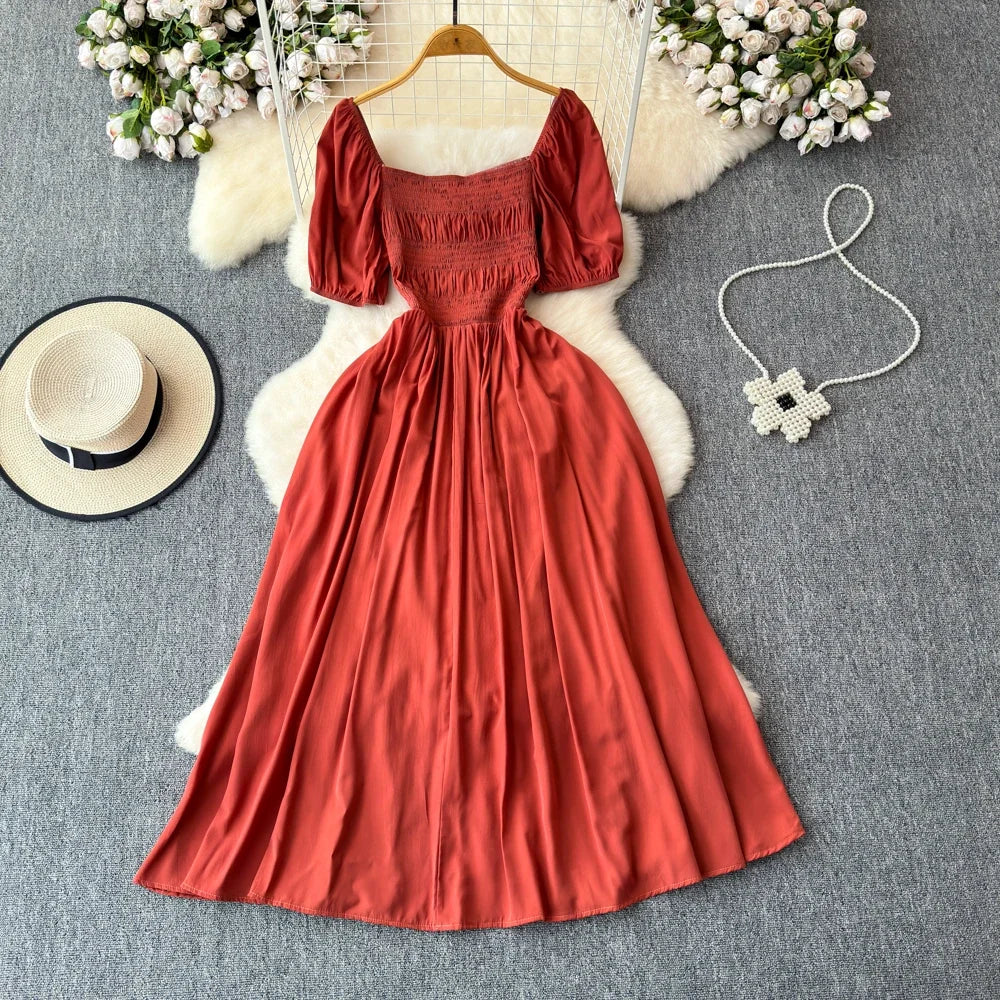 Babs Chic Elegant Square Collar Macy Dress Women Solid Short Puff Sleeve Dresses 2024 Korean Fashion Vintage Ruffle Vestidos