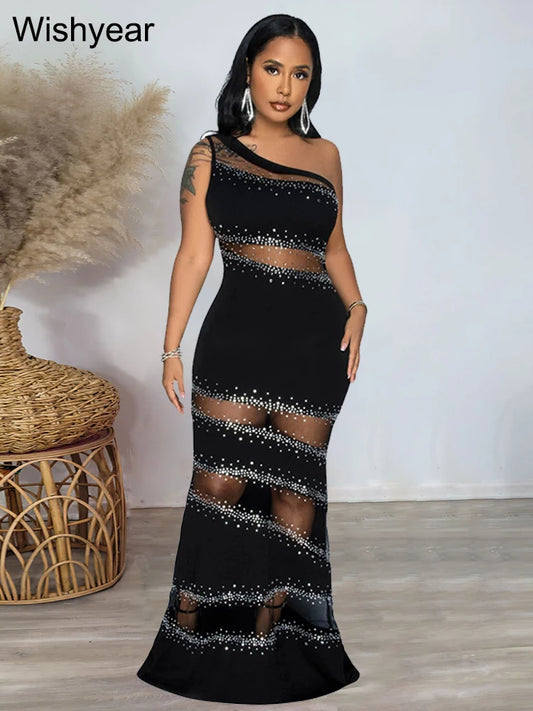 Babs Luxury Sparkle Diamond Single Shoulder Rhinestones Long Maxy Dress Woman Sexy Night Party Prom Birthday Evening dress