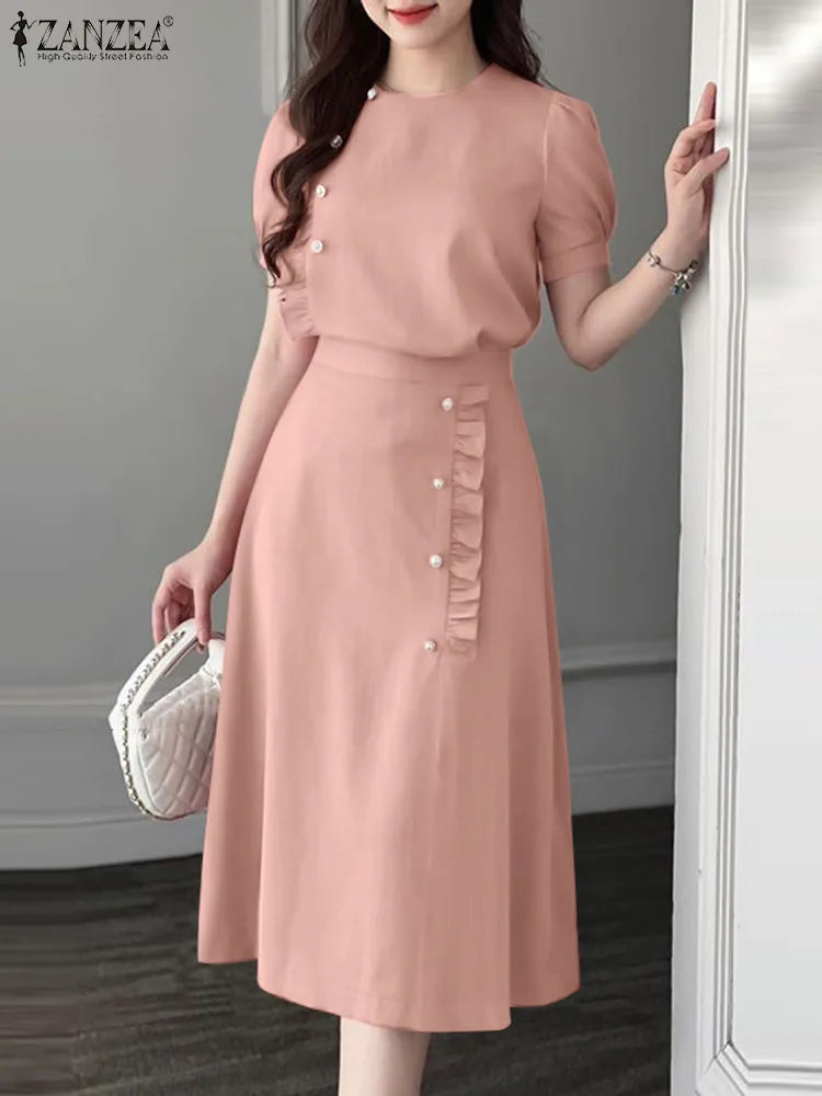 Maxy ZANZEA Vintage 2PCS Ruffled Dress Sets Women Buttons Outfits Summer Short Sleeve Tops Suit Casual Office Long Skirt Sets