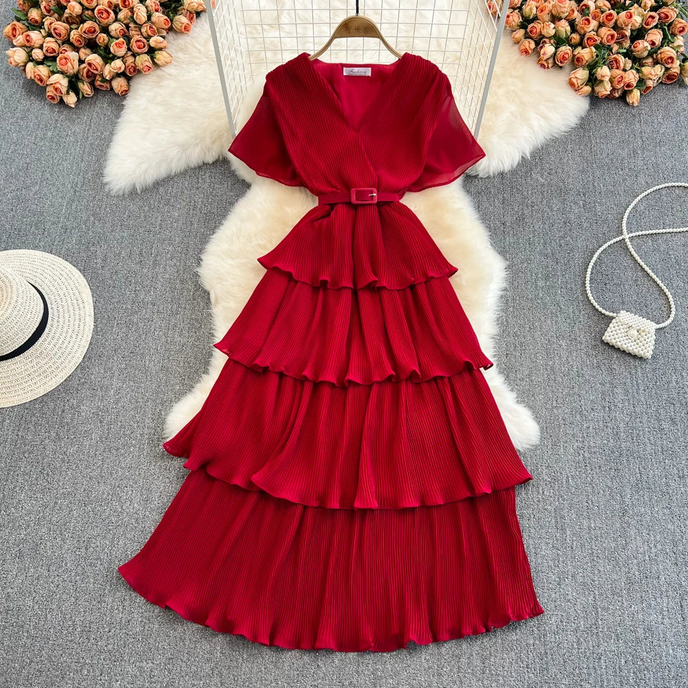 Babs Summer Beach Long Dress Women Elegant V-Neck Short Sleeve Cascading Ruffles Big Swing Female Red/Green/Pink Maxy Robe