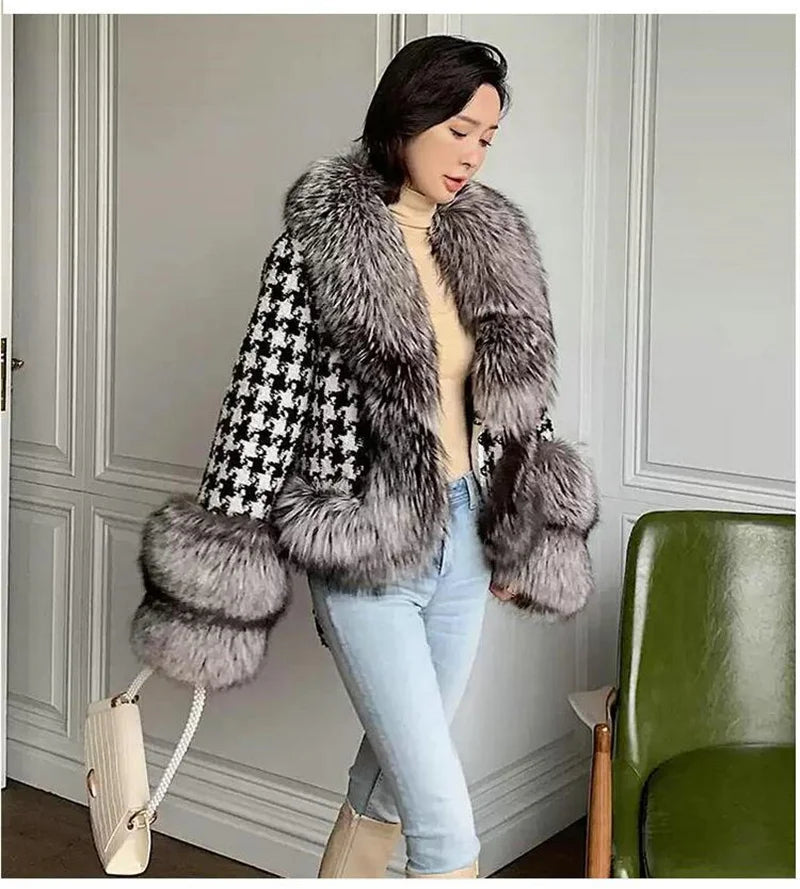 Babs Fox Fur Grass Coat Women Short Thousand Bird Grid Double Faced Fleece Collar 2024 Small Fragrant Style Imitation Fur Coat Female