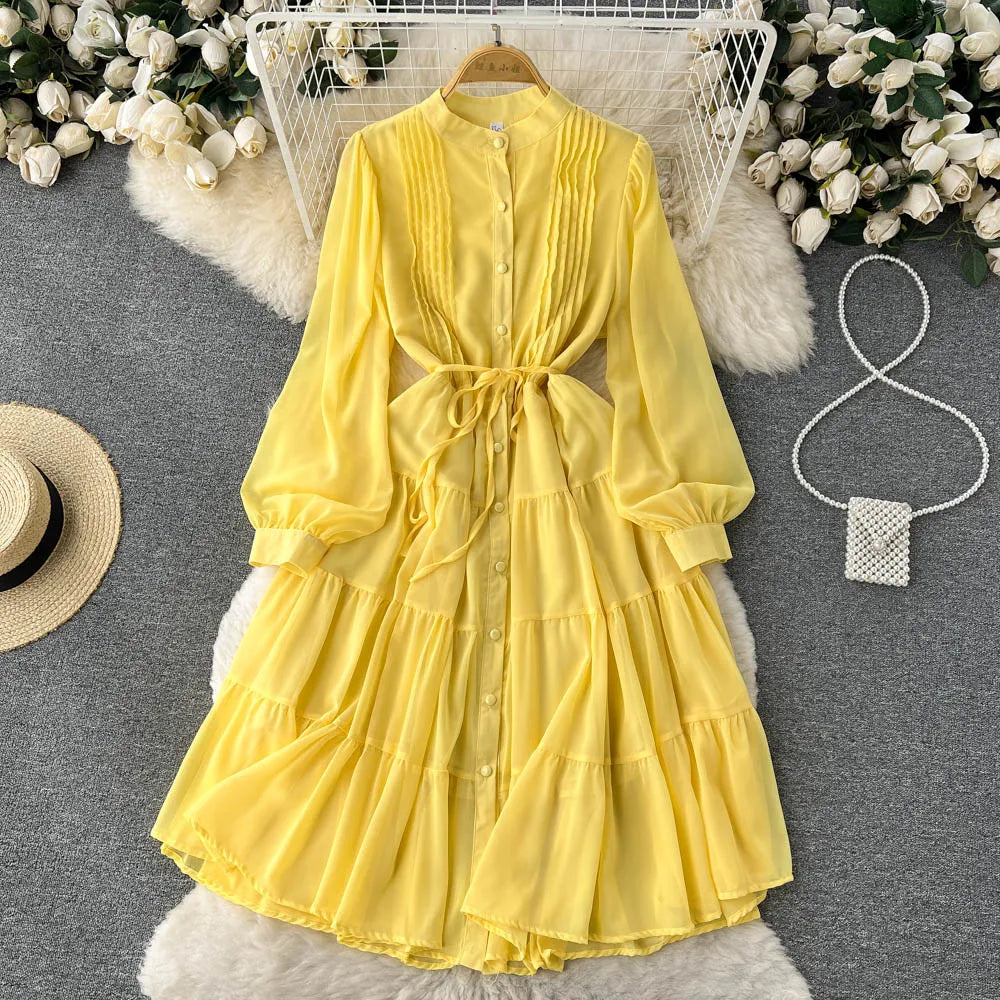 Maxy Spring Autumn Women Purple/Yellow/Blue Draped Chiffon Midi Dress Elegant Stand Collar Single Breasted Lantern Sleeve dress