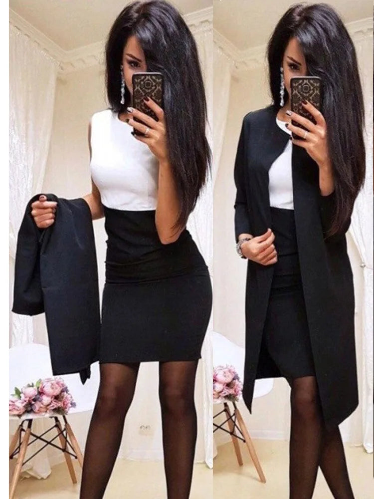 Maxy Autumn/Winter Stitched Solid-color Professional Women's Skirt Set Office Professional Women Set Business Dress Black Set