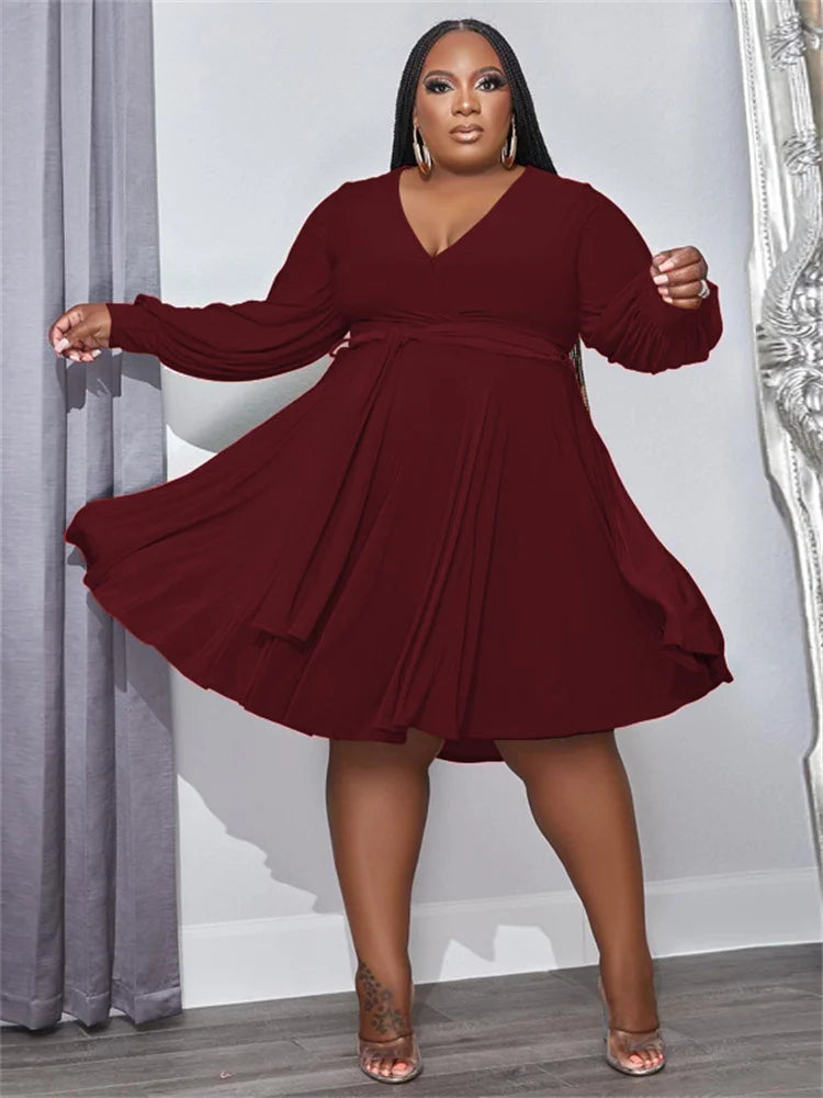 Maxy Plus Size Dresses for Women Solid Fall Clothes 2024 Loose Long Sleeve Casual Ball Gown Midi Dresses