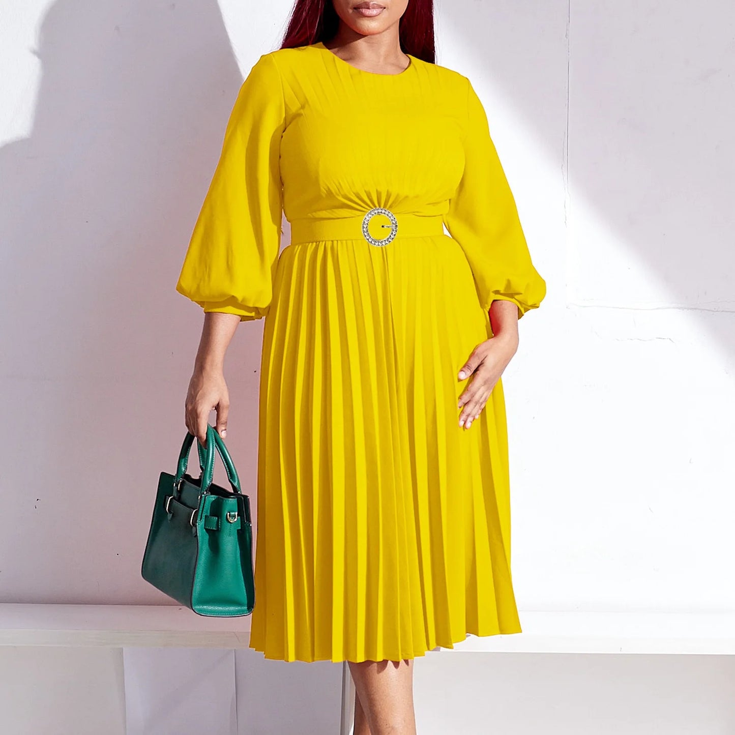 Maxy Elegant Dresses Woman Pleated O Neck Full Sleeve Belt Waisted Mid Calf Luxury Female Birthday Party Dinner Vestidos Mujer