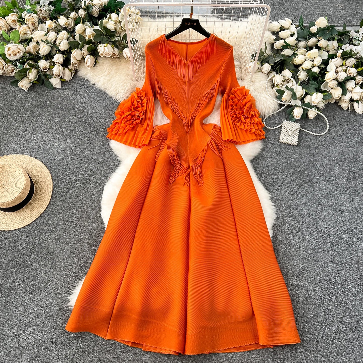 Vintage Elegant V-neck Flare Sleeve tassels pleated Dress A-line Fashion Beach Spring Summer Vestidos Women  Dresses