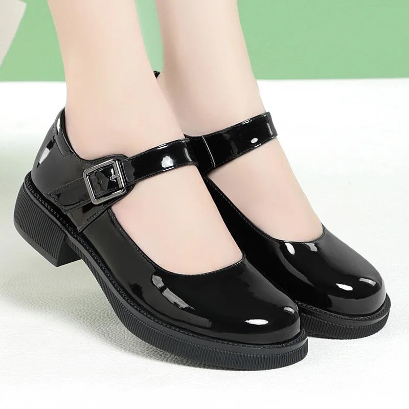 Maxy 3.5cm Breathable Shallow Mouth Bright Leather Shoes Women Mary Janes 2025 Fall Med Square Heels Sheos Black for Office Mom