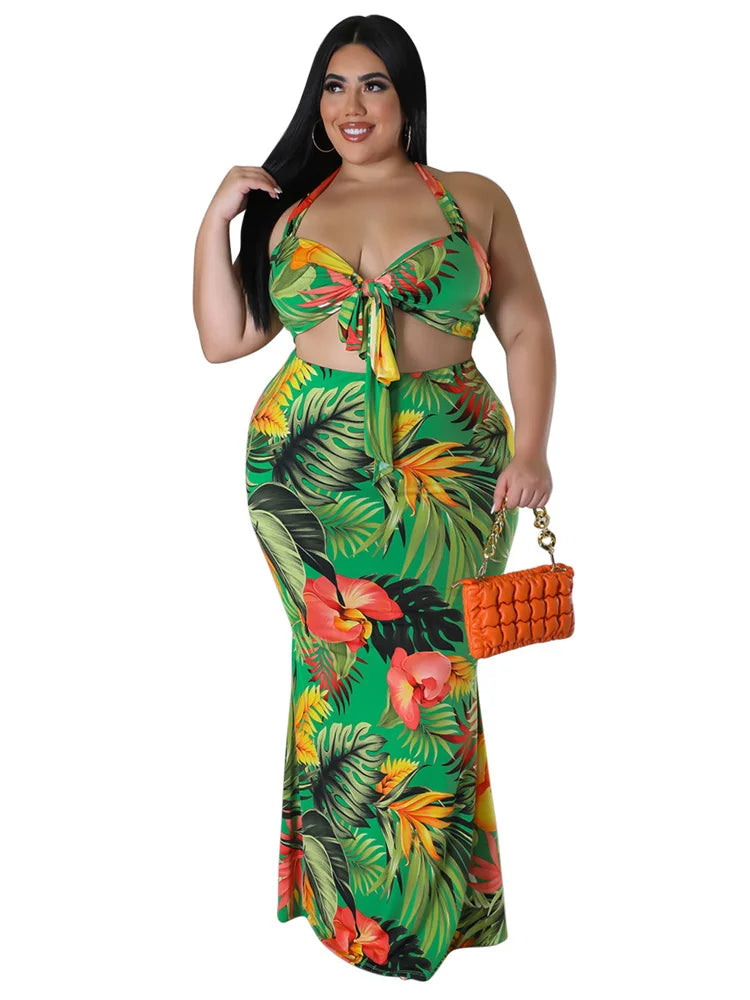 Maxy Plus Size Dress Sets Women Clothing Two Piece Set Bra and Skirts Crop Top Summer Beach Outfits