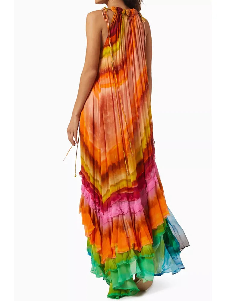 Maxy Simple Casual Women Summer O Neck Dress Elegant Femme Sleeveless Holiday Print Ruffles Patchwork Maxi Dress Streetwear