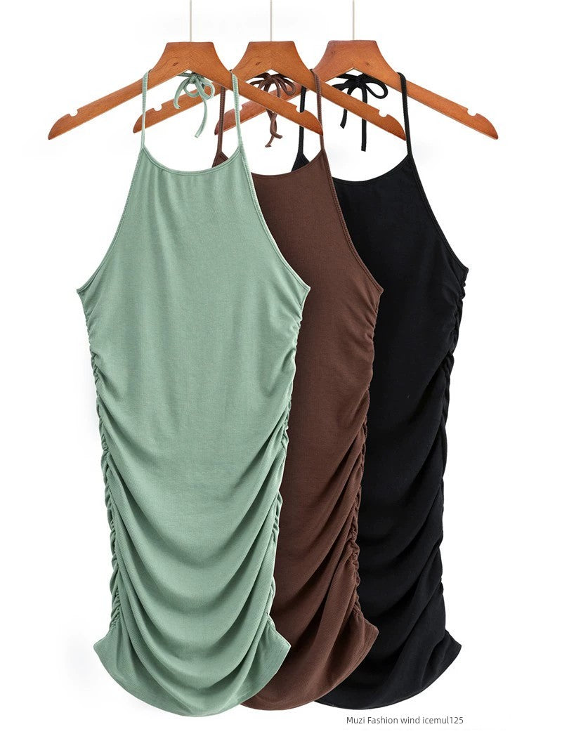 Maxy Pleated European and American Style Dress Slim Fit Slim Looking Waist Halter neck