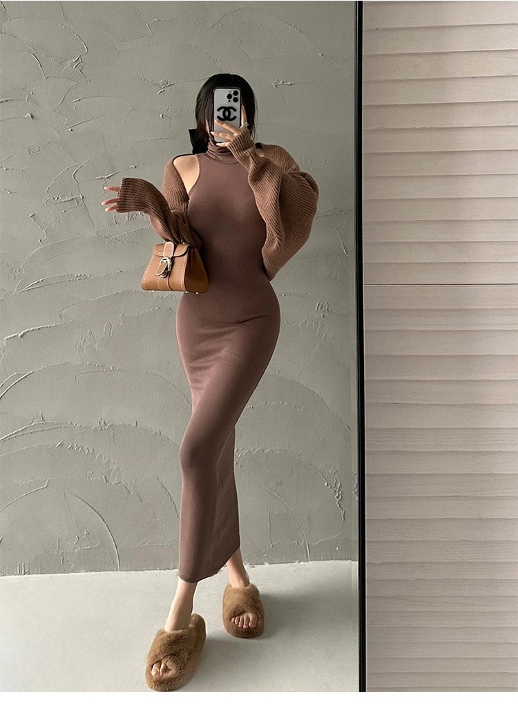 Maxy Red Fashion Sexy Turtleneck Midi Dress Women Party Club Ladies Bodycon Elastic Peach Hip Elegant Long Dresses for Woman