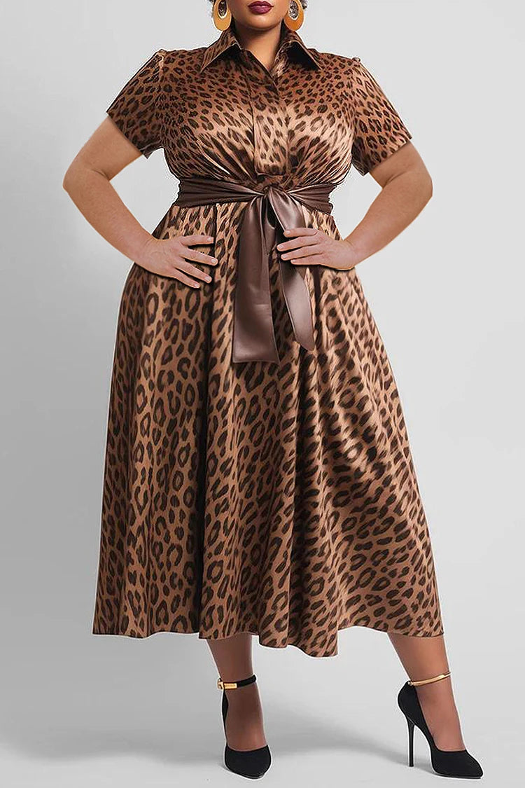Maxy Plus Size Leopard Printed Dress for Women Casual Summer Short Sleeve Lapel Collar Pleated A-Line Ameriacn Retro Evening Dresses