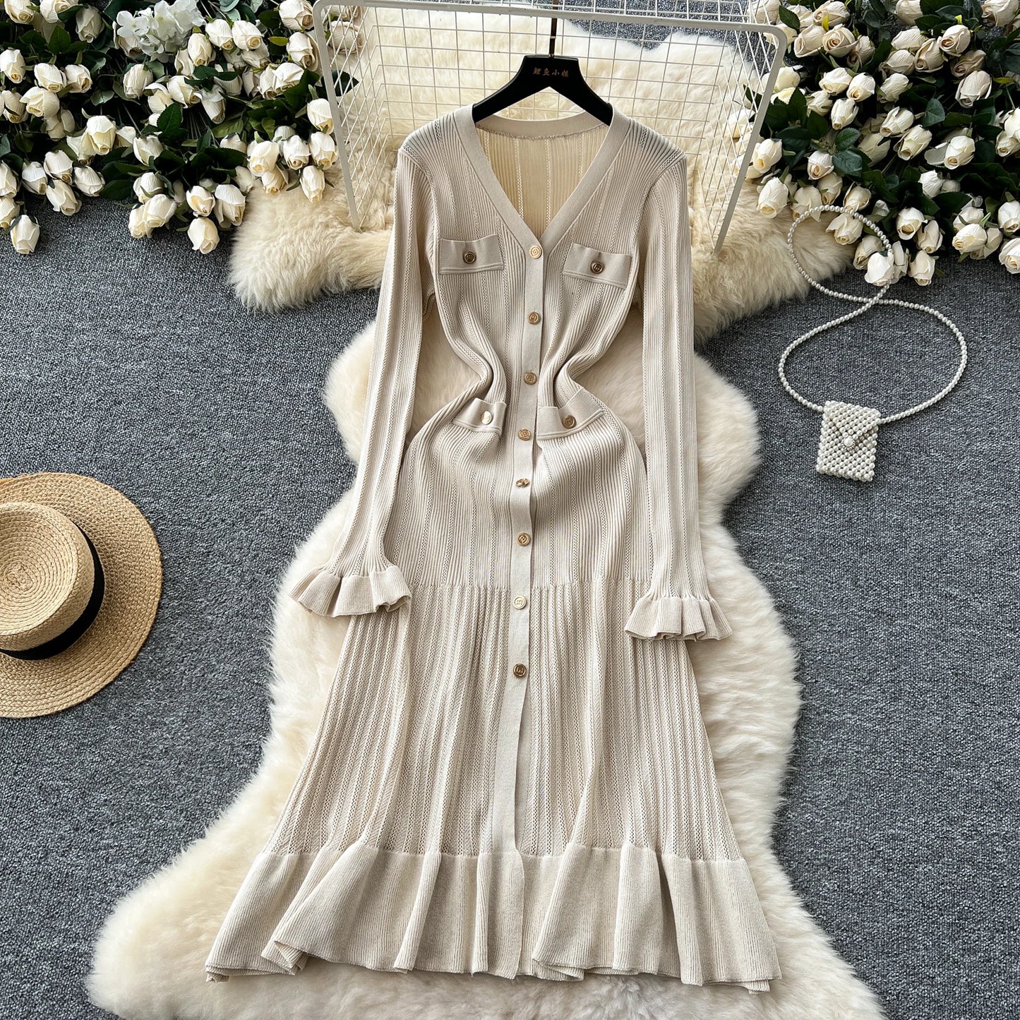 Babs Sexy Chic Long Sleeve V Neck Ruffle Knit Dress Elegant Fashion Party Single Breasted Slim Autumn Dresses