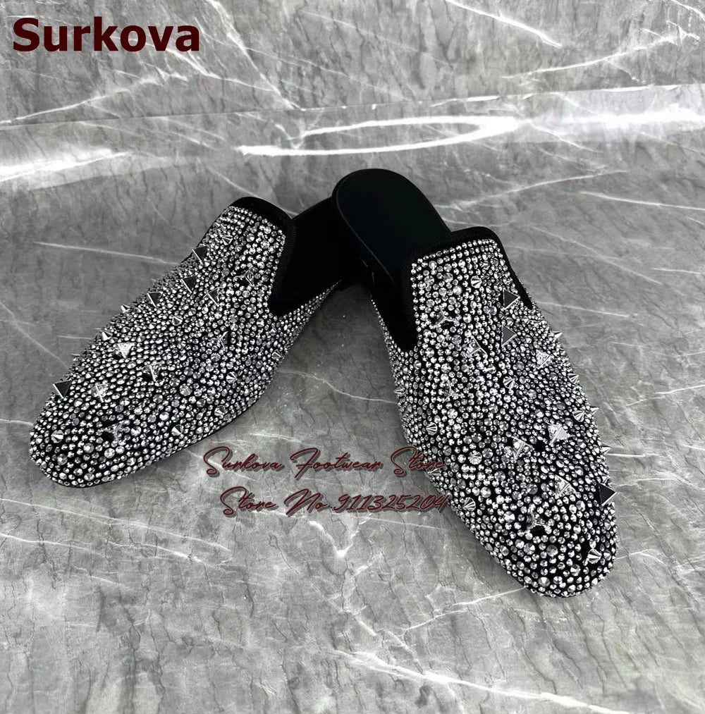 Maxy Surikova Men's Bling Silver Crystal Flat Slippers Metallic Rivets Loafers Slip-on Glittering Rhinestone Dress Shoes Mules