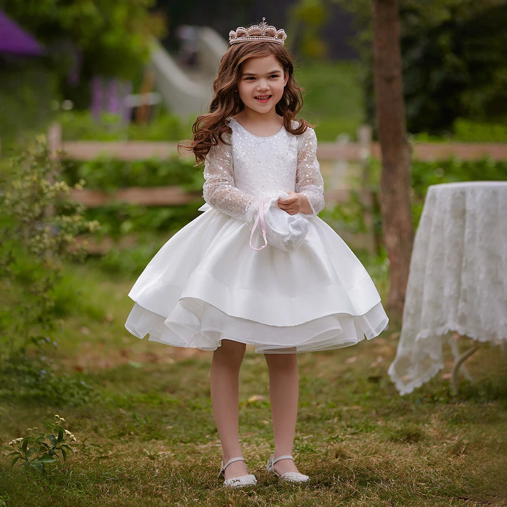 Maxy Princess Long Sleeve Sequin White Wedding Girls Party Dresses Formal Bow Birthday Princess Dress for Girl Baptism Bridesmaid Kids Clothes