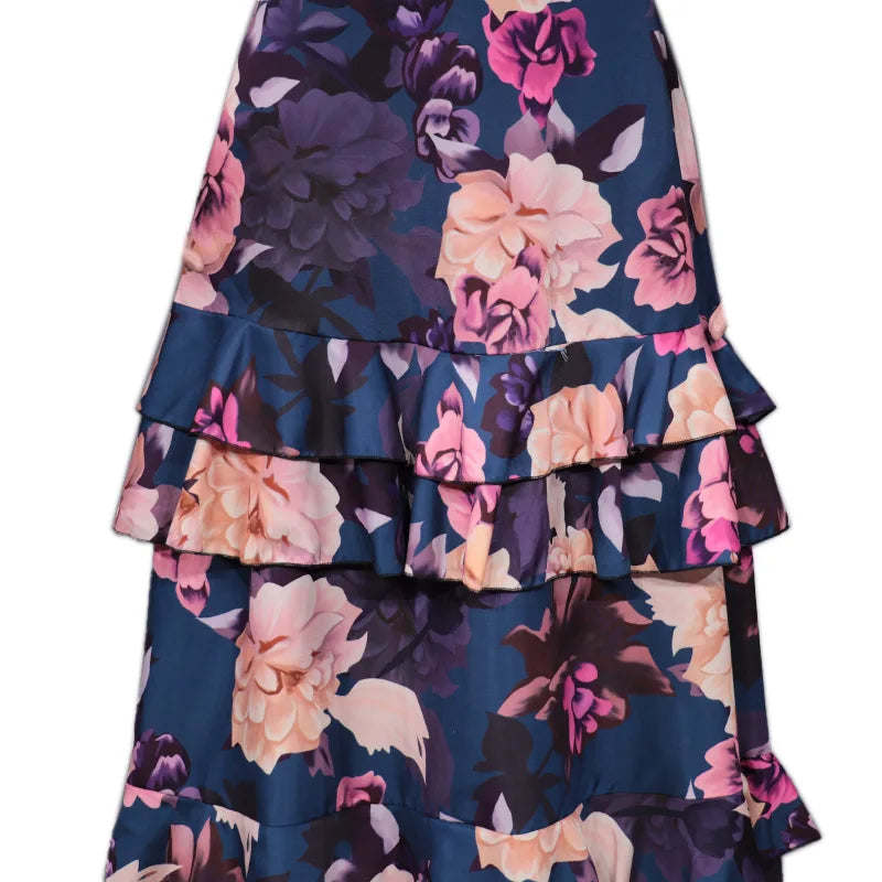 Maxy 2 Piece Set Women Stylish Floral Elegant Printed Sleeveless Short Top+Loose High Waist Pleated Long Skirt Sets