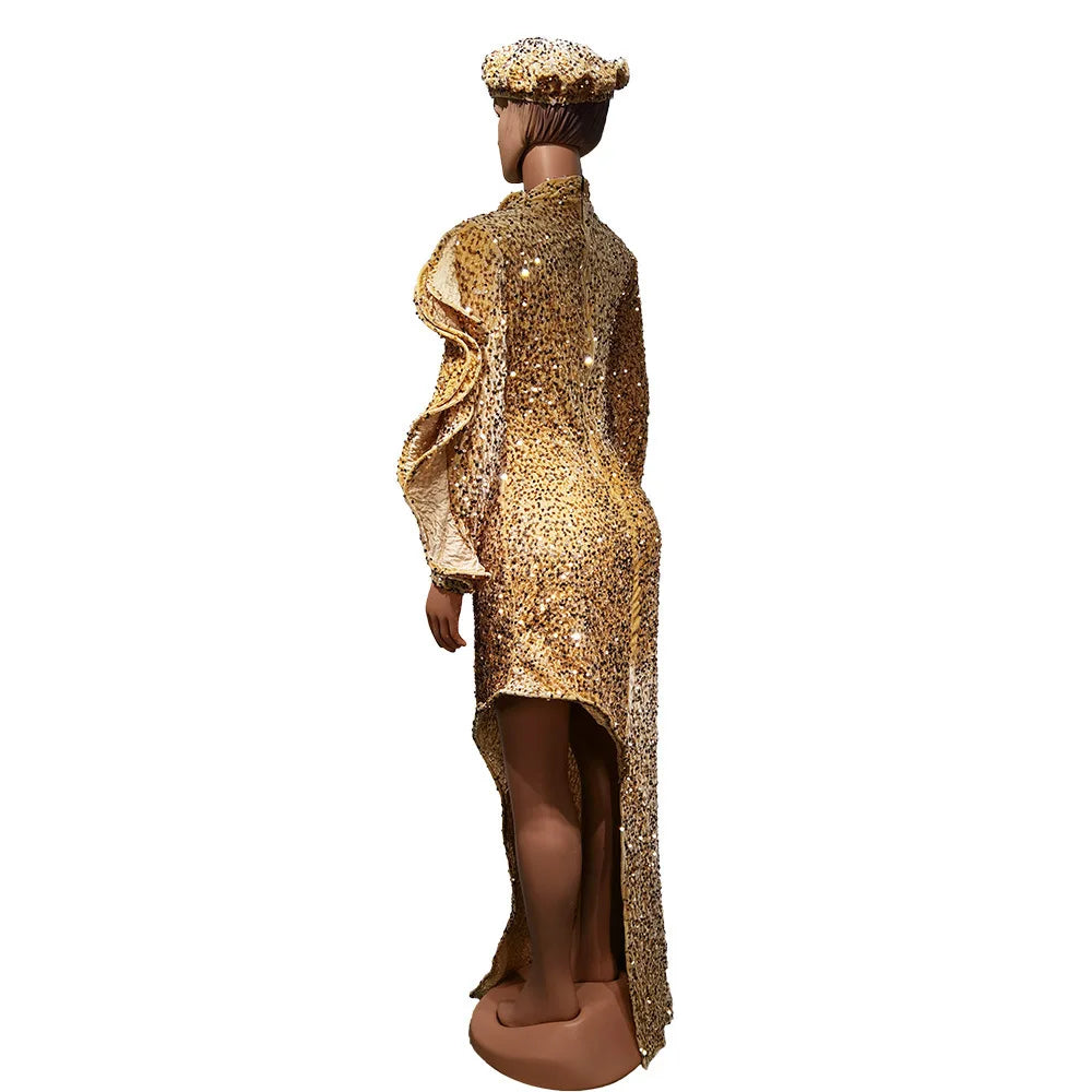 Macy Luxury African Evening Dresses for Women Gold Color Sequin Wedding Party Gown Dashiki Ankara Formal Dress Africa Clothing Kaftan