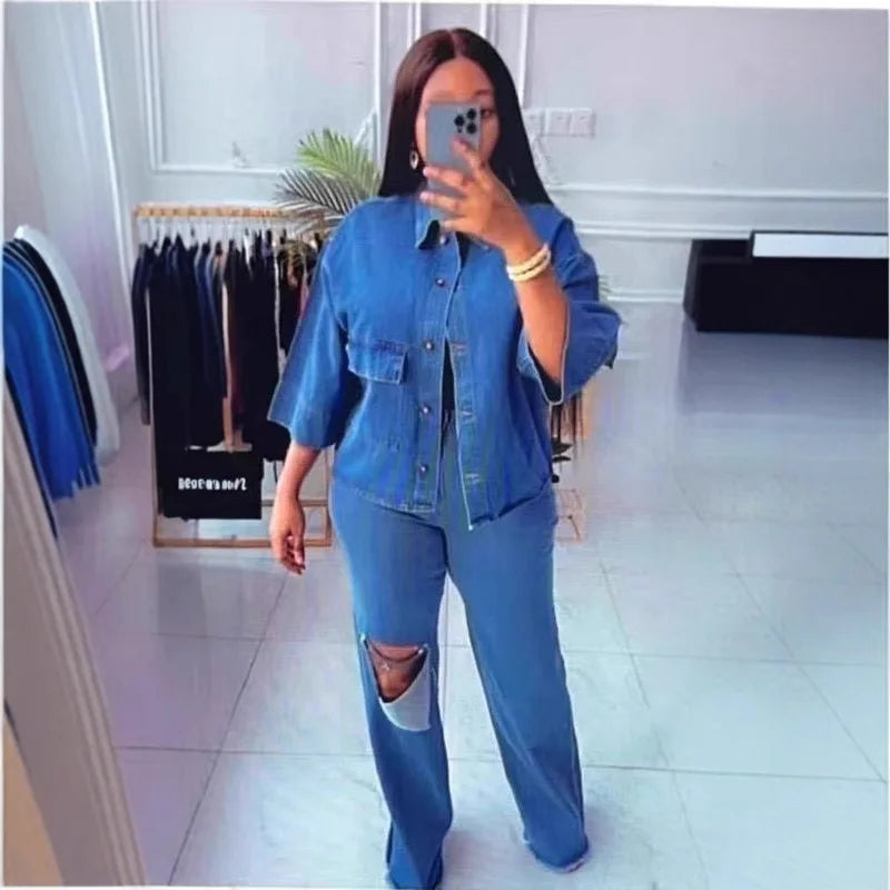 Maxy Denim Pant Set Women Two Piece Sets Turn Down Collar Matching Sets Single Breasted Shirt Tops Wide Leg Long Pants High Waist