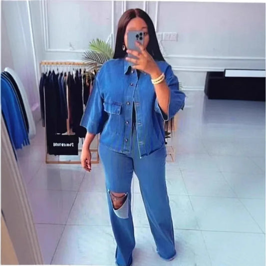 Maxy Denim Pant Set Women Two Piece Sets Turn Down Collar Matching Sets Single Breasted Shirt Tops Wide Leg Long Pants High Waist