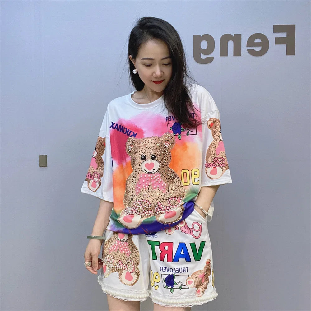 Maxy Beaded Cartoon Bear Shorts Casual Suit Women 2024 Summer Loose Printed Rhinestone Hot Fixed Short Sleeve T-shirt Two-Piece Sets