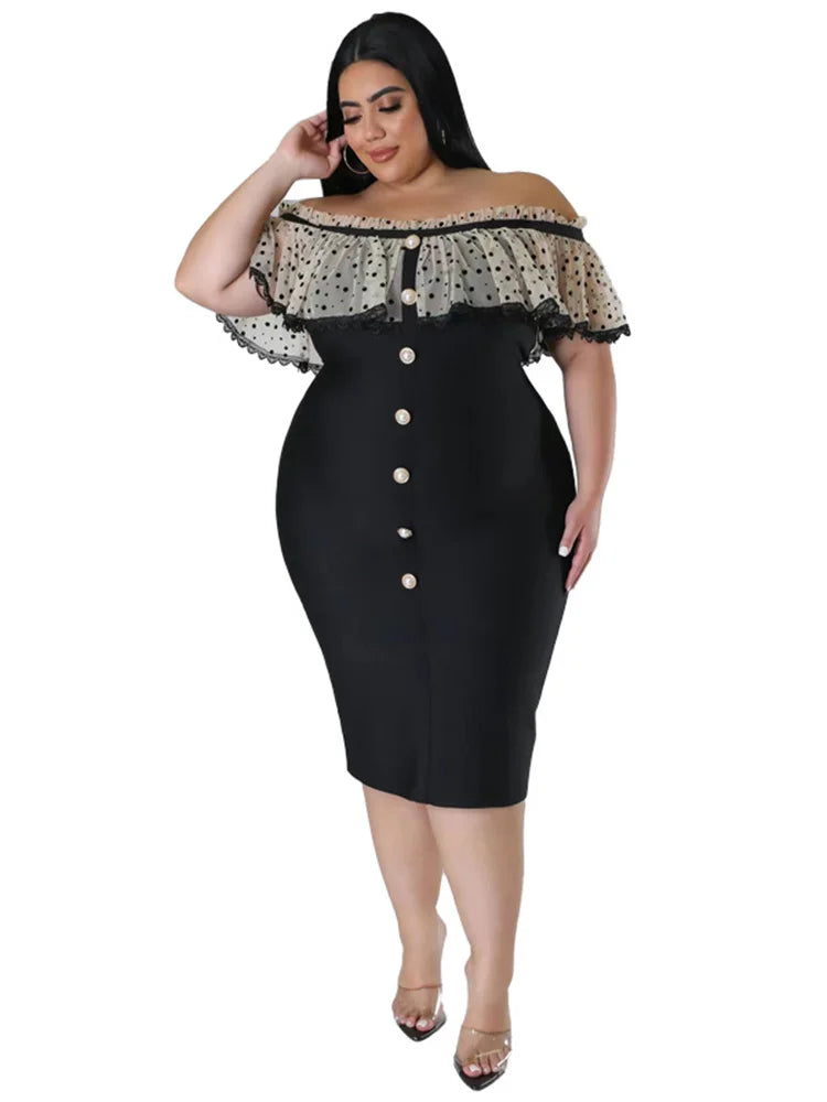 Maxy Plus Size Party Dress Women Clothing Solid Mesh Patchwork Off Shoulder Dress Fashion Outfits
