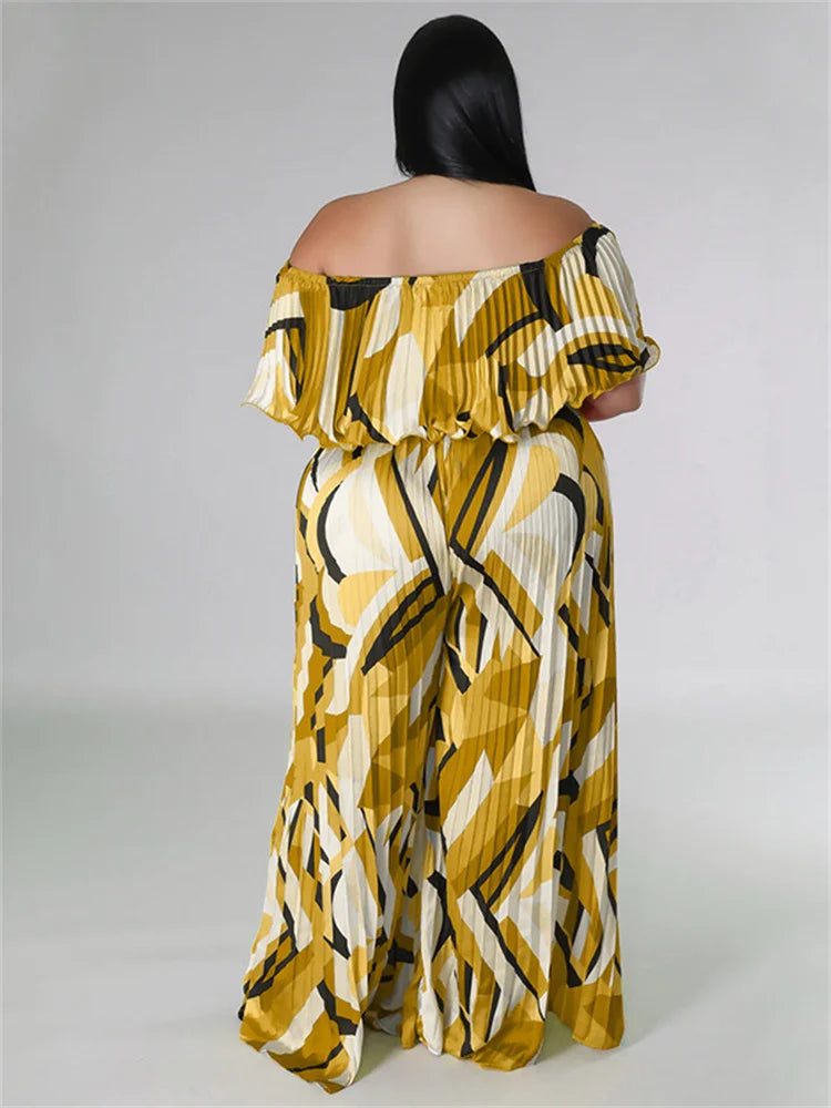 Maxy Plus Size Jumpsuit Women Clothing Pleated Wide Leg Off Shoulder Romper Printed One Piece Outfits
