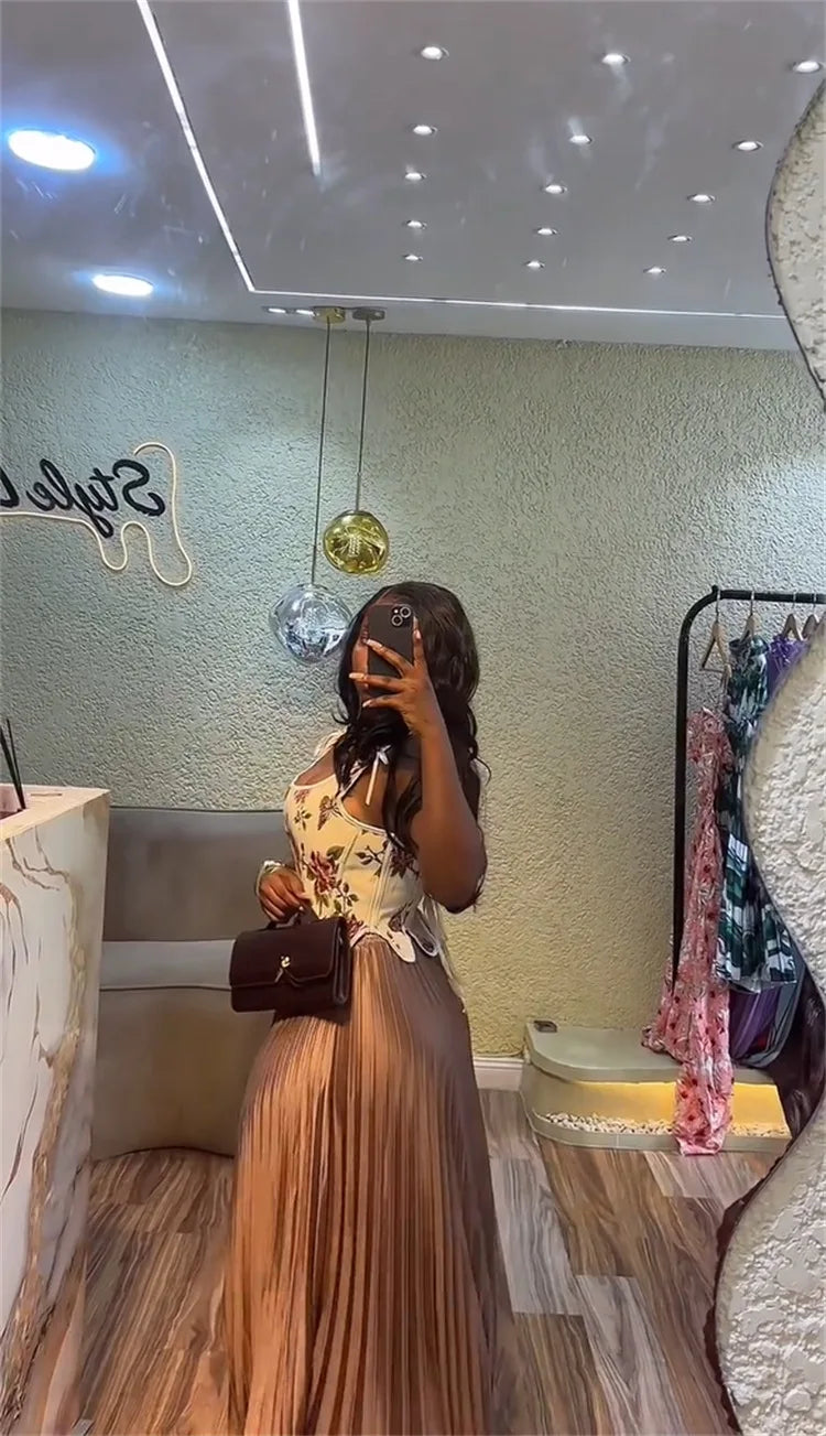 Maxy CM.YAYA Women's Set Floral Print Waist-cinching Vest +Pleated Long Skirts Suit 2025 Party Evening Street Two 2 Piece Set Outfit