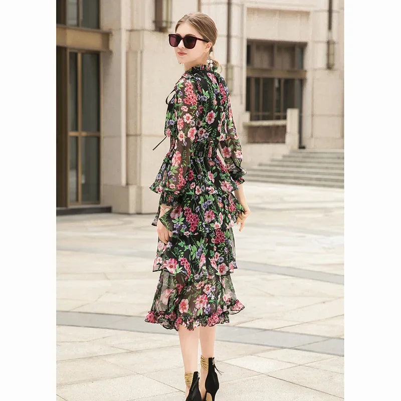 Babs Spring Summer Elegant Silk Dresses for Women Long Sleeve Floral Dress Korean Fashion Clothes Vestidos Pph4204