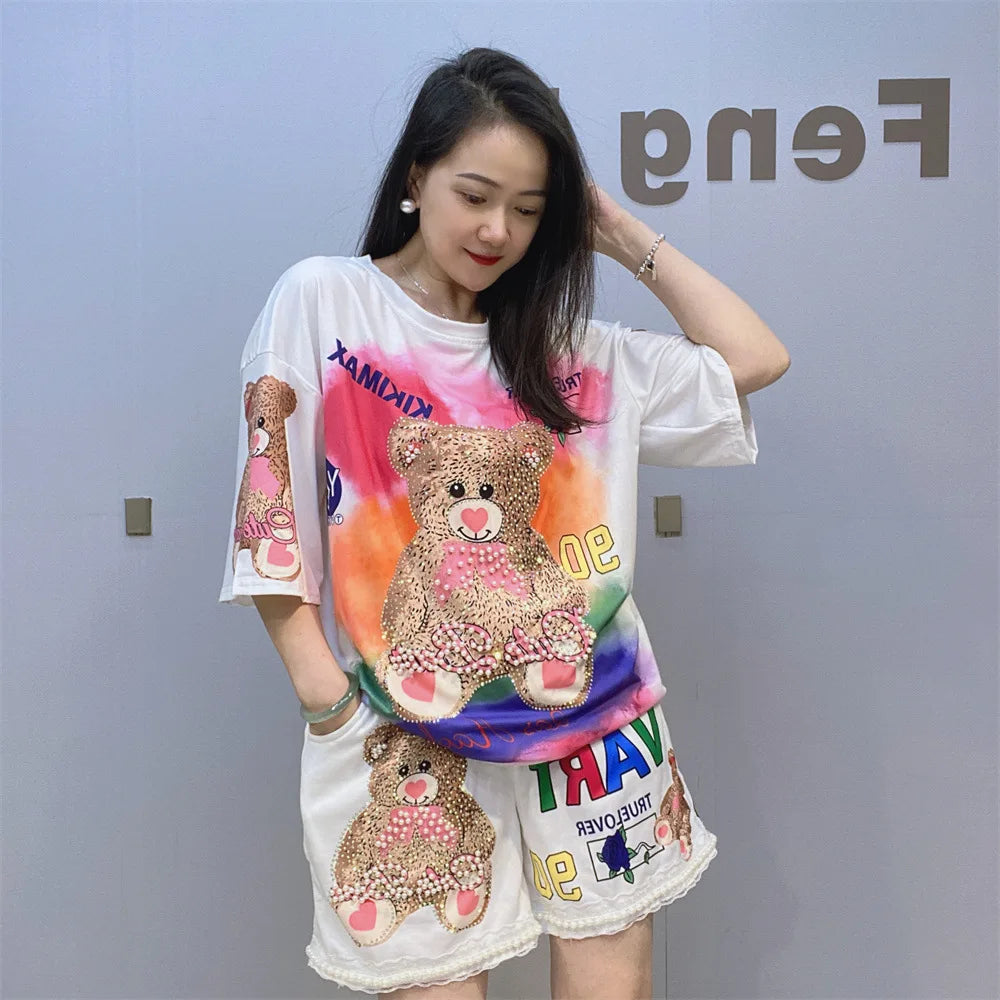 Maxy Beaded Cartoon Bear Shorts Casual Suit Women 2024 Summer Loose Printed Rhinestone Hot Fixed Short Sleeve T-shirt Two-Piece Sets