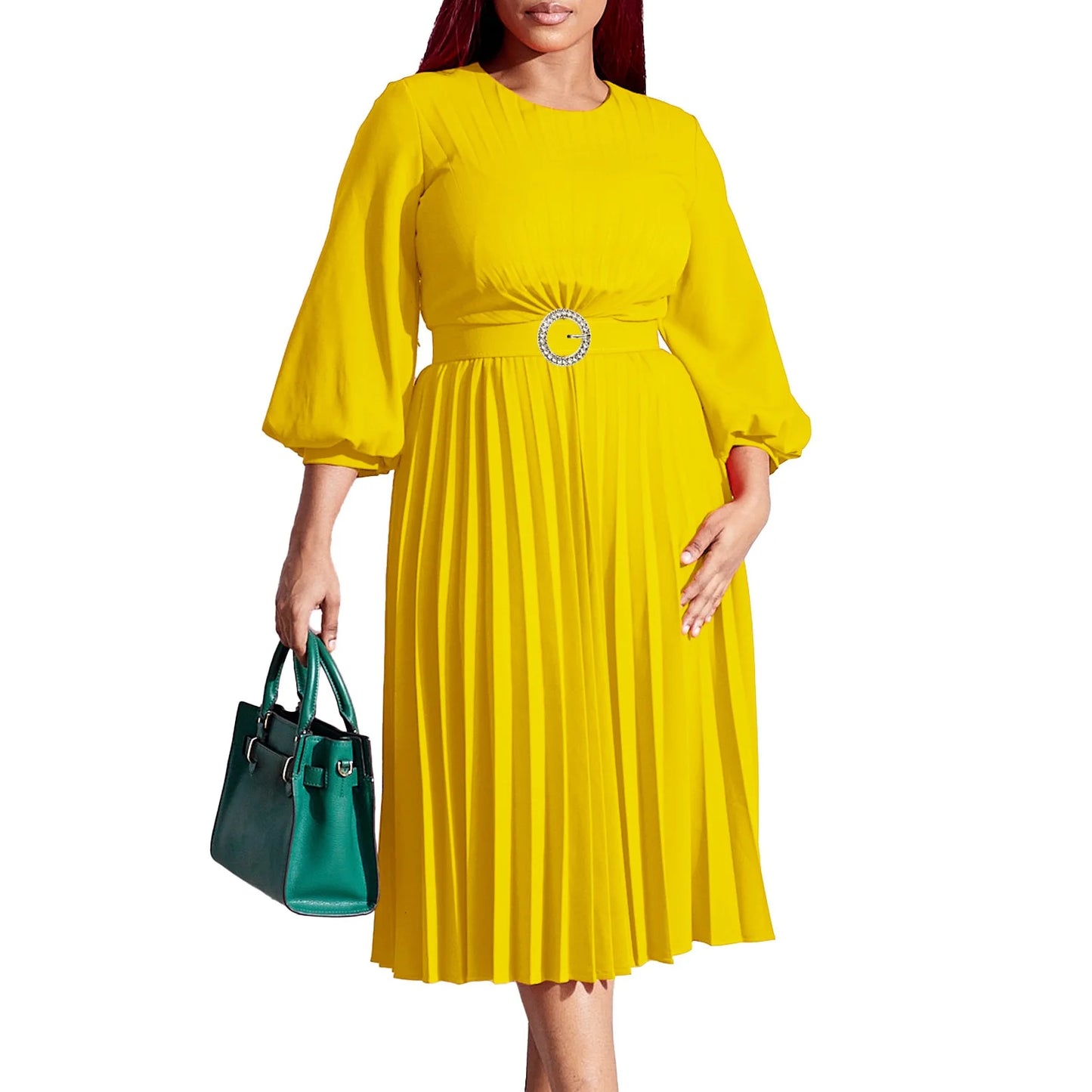 Maxy Elegant Dresses Woman Pleated O Neck Full Sleeve Belt Waisted Mid Calf Luxury Female Birthday Party Dinner Vestidos Mujer