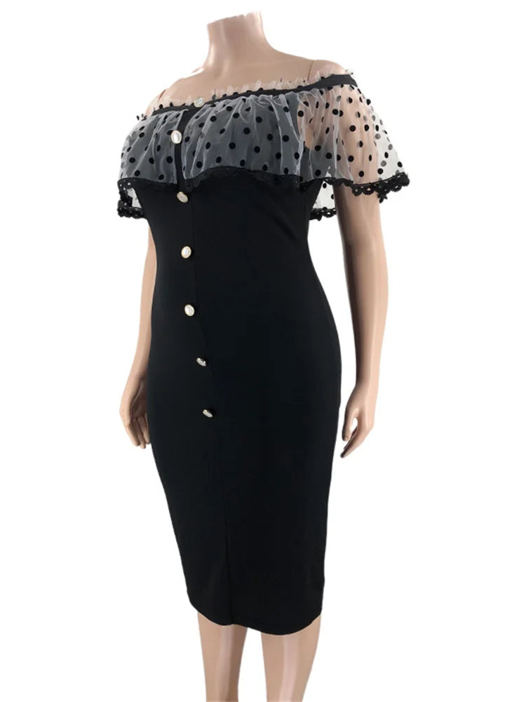 Maxy Plus Size Party Dress Women Clothing Solid Mesh Patchwork Off Shoulder Dress Fashion Outfits
