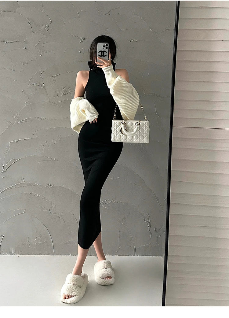 Maxy Red Fashion Sexy Turtleneck Midi Dress Women Party Club Ladies Bodycon Elastic Peach Hip Elegant Long Dresses for Woman